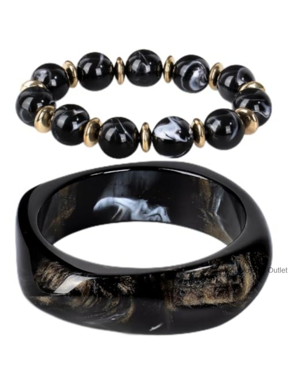 Resin Chunky Bangle & Beaded Bracelet Set 2 Pc Stackable Cuff